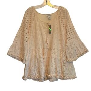 La Seine 3/4 Sleeve Lace Eyelet Embroidered Top Boho Pom Pom Cream Womens Large